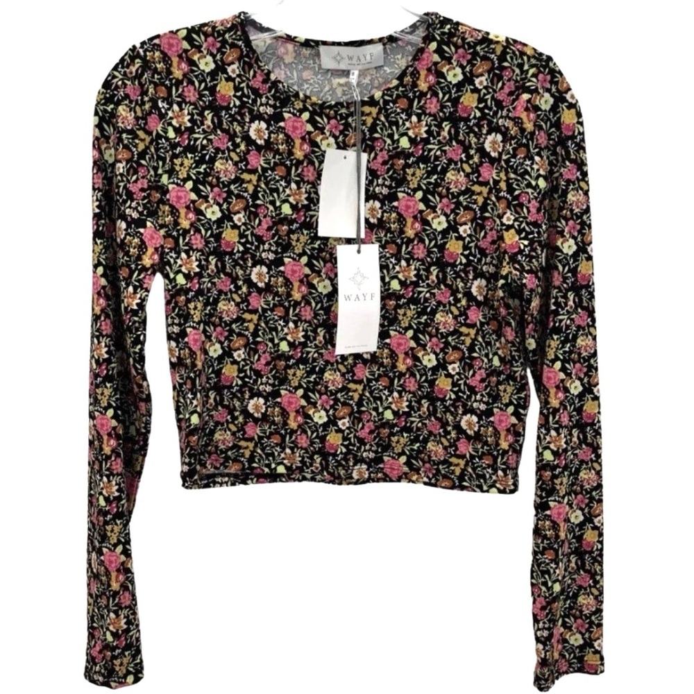 Wayf Womens S Floral Long Sleeve Crop Top Black Multicolor